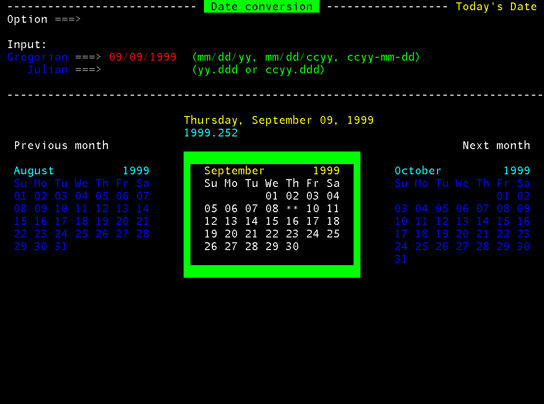 Screen shoot of the WhatDate ISPF application's main screen