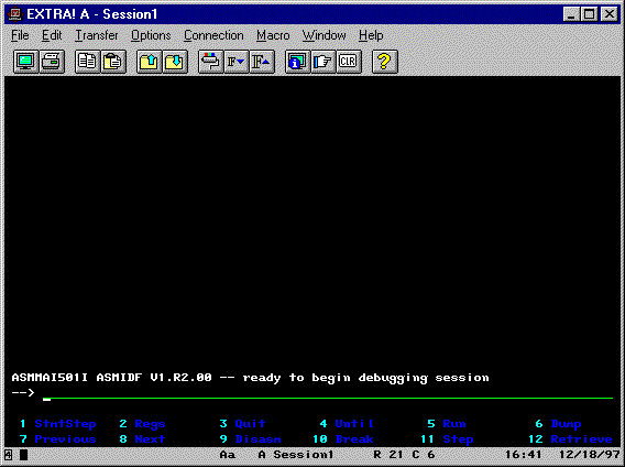 Sample HLASM IDF debugging session